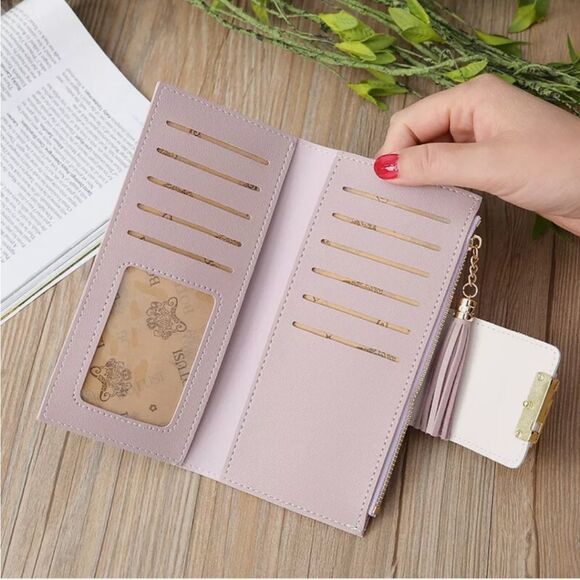 Purple Long PU Leather Wallet For Women Tassel Zipper Card Holder Purse Handbag - Picture 8 of 9